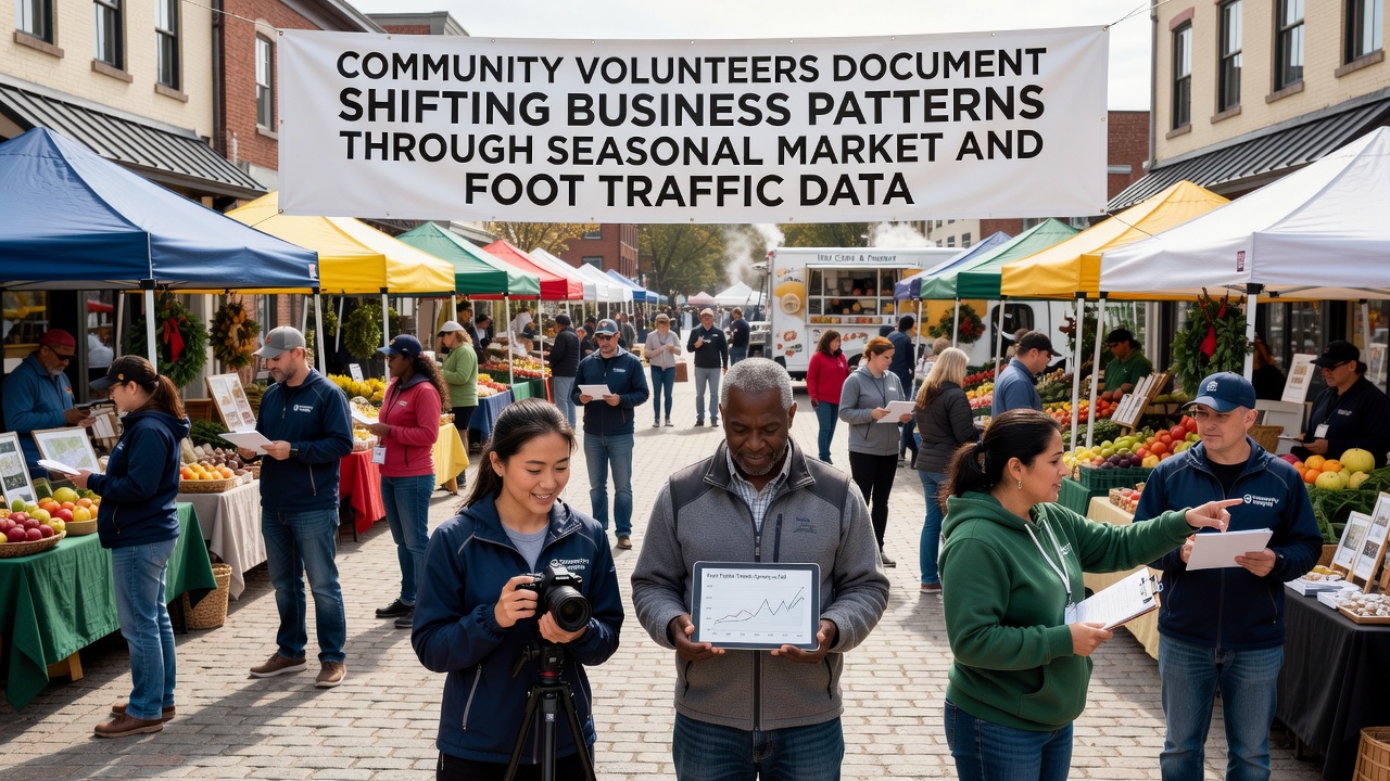 Volunteers reviewing collected pedestrian flow charts on a laptop at a community meeting