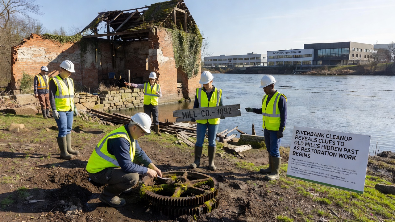 Close-up view of excavated mill foundation stones and metal artifacts laid out for documentation during riverbank restoration